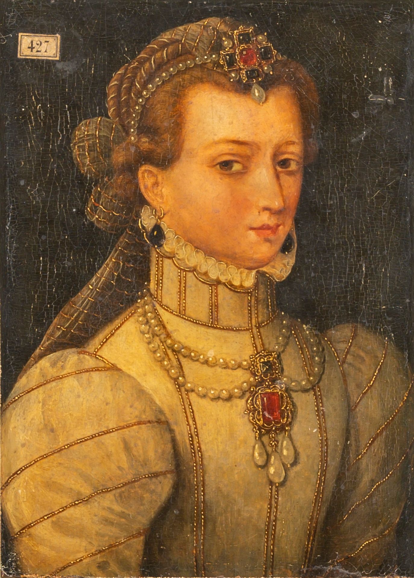 Null 19世纪法国学校中的克卢埃的味道

戴着珍珠项链的年轻女子的肖像

镶木板

26 x 19 厘米

在左上角有一个数字 427