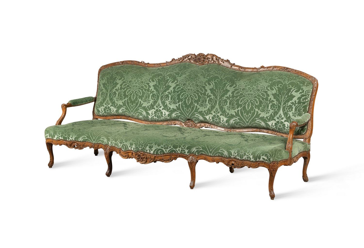 Null Dreifach verlaufendes Sofa aus natürlichem Holz, gefräst, mit Rocaillen, Bl&hellip;