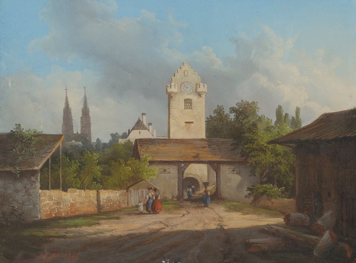 Null École moderne.

Le beffroi et village.

Crayon et pastel.

Datée de 1847.
