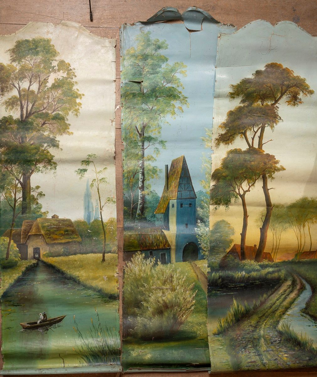 Null Tre fogli di paravento dipinti su entrambi i lati. "Fiori e paesaggi". Vend&hellip;