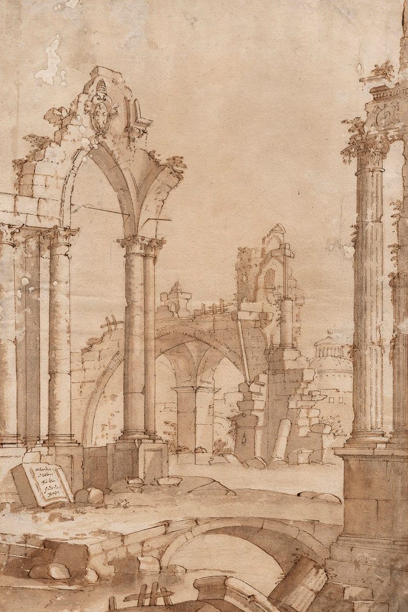 Null 18世纪的法国学校

带有哥特式拱门的废墟景观

水墨画

39,2 x 26,7厘米。

(点题)