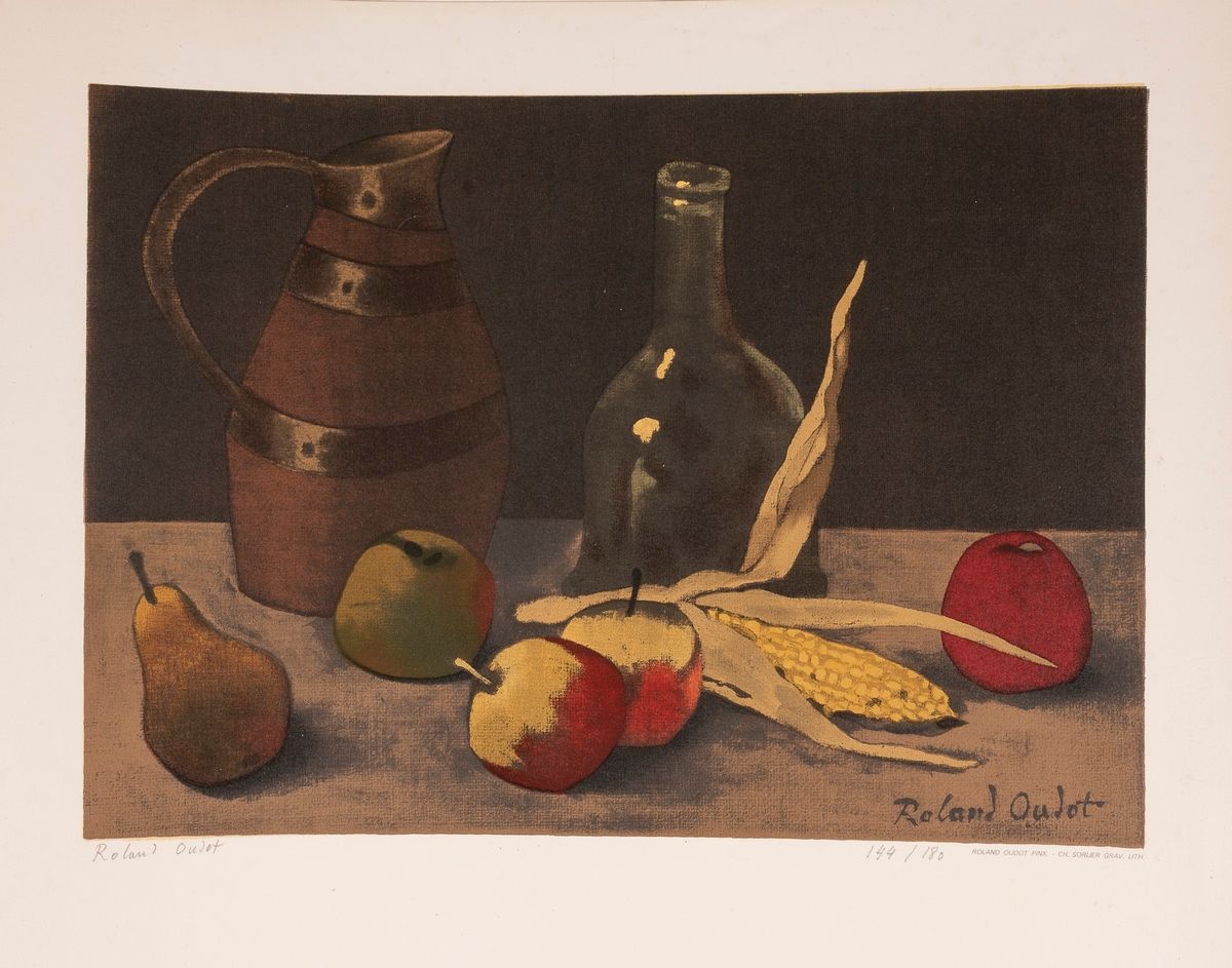 Null 罗兰-奥多，水果和玉米的静物，石版画，页面下方有签名和编号，附4张同一作品的海报，46x53cm