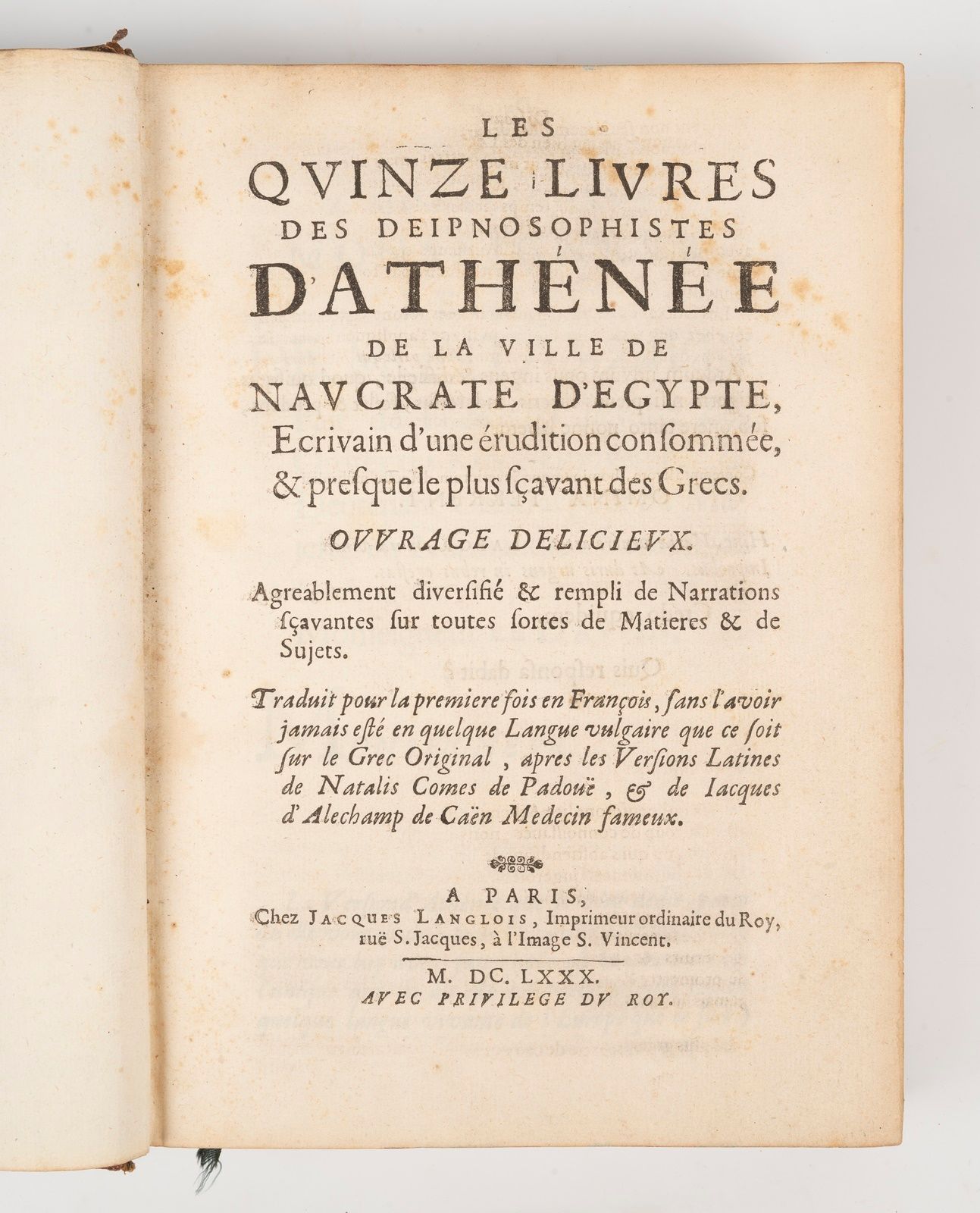 Null ATHENESUS.埃及诺克拉特城的雅典娜的十五本书，她是一位博学多才的作家，几乎是希腊人中最博学的。愉快的工作。巴黎，雅克-朗格瓦，1680年。4页&hellip;