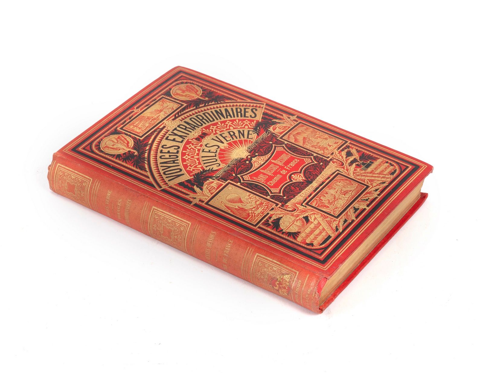 Null VERNE（儒勒）。无人问津。Le Chemin de France.P.，Hetzel，（1889）。8开本，红色和金色纸板上有两只大象，书脊为D型&hellip;