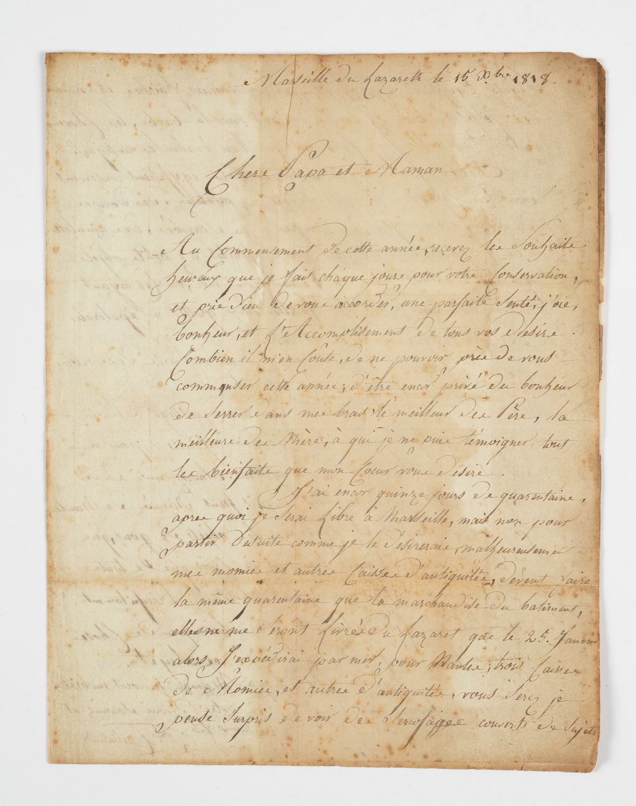 CAILLIAUD (Frédéric). CAILLIAUD (Frédéric). 
签名的亲笔信。
日期为1818年10月15日，马赛-杜-拉萨，致其父母&hellip;