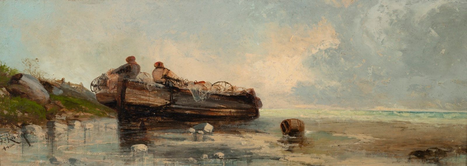 Null TS.RAVIER (活跃于19世纪)
岸上的两个渔民的船
面板，一块木板，没有镶边
17,5 x 49,5 cm
签名左下：TS Ravier