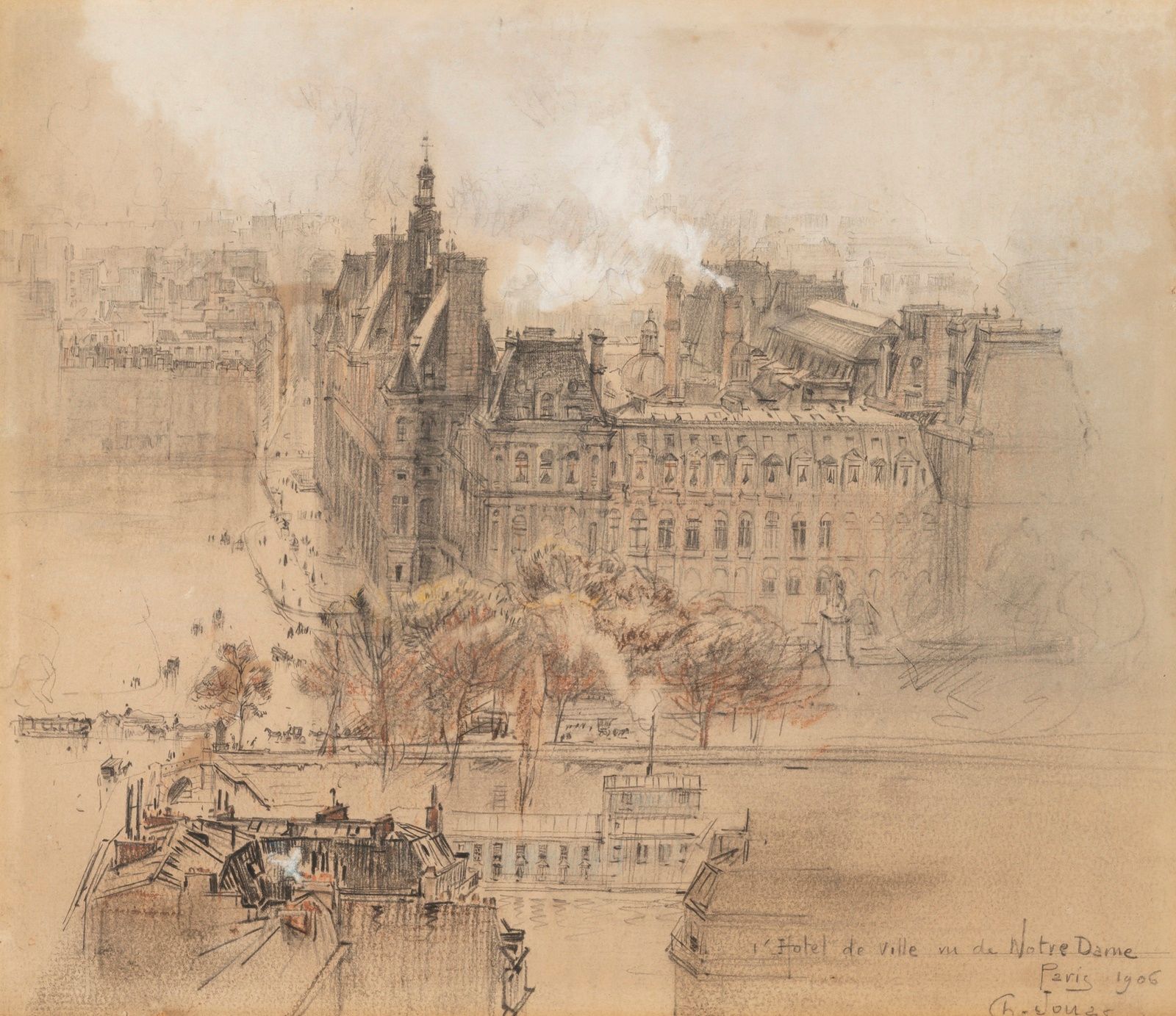Null 查尔斯-茹阿斯(1866-1942)
从圣母院看到的市政厅
石墨、粉彩和水粉画
23 x 27 cm