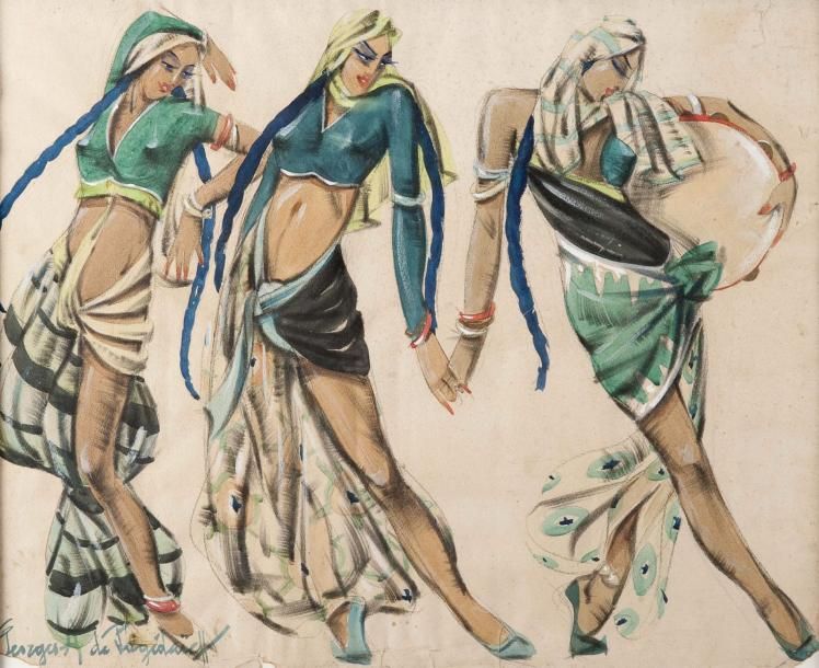 Georges A. De POGEDAIEFF (1897-1971) Orientales au tambourin Gouache sur papier,&hellip;