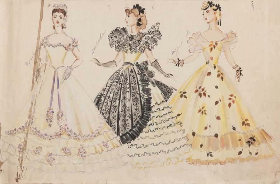 Tatiana BRUNI (1902- 1979) Projet de costume pour trois robes de bal Technique m&hellip;