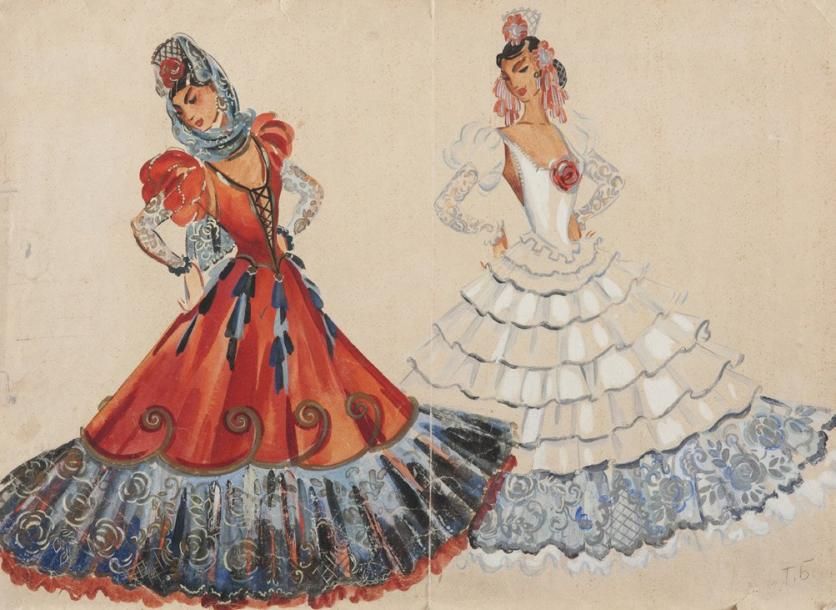 Tatiana BRUNI (1902- 1979) Projet de costume pour deux danseuses espagnoles Tech&hellip;