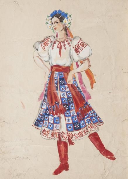 Tatiana BRUNI (1902- 1979) Projet de costume: Jeune femme à la couronne de fleur&hellip;