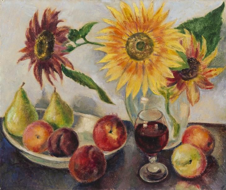 Georges de POGEDAIEFF (1897-1971) Tournesols mexicains, fruits provençales, vin &hellip;