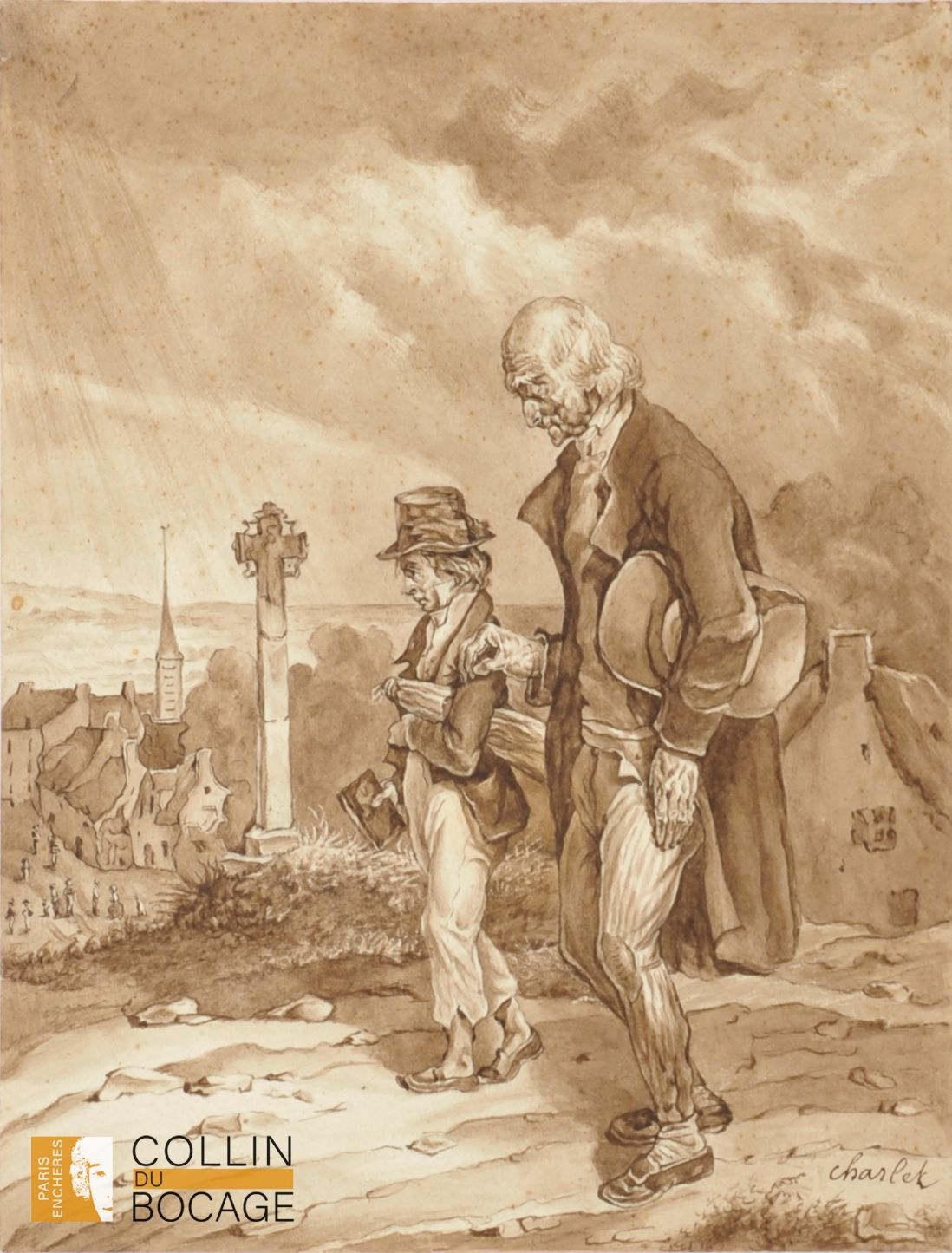 Null 匿名 
幽默场景 
纸上钢笔 
十九世纪
25 x 18.5 厘米
(污点和褶皱）

夏莱-尼古拉斯（1792-1845 年）
回到村庄
印度墨水、棕&hellip;