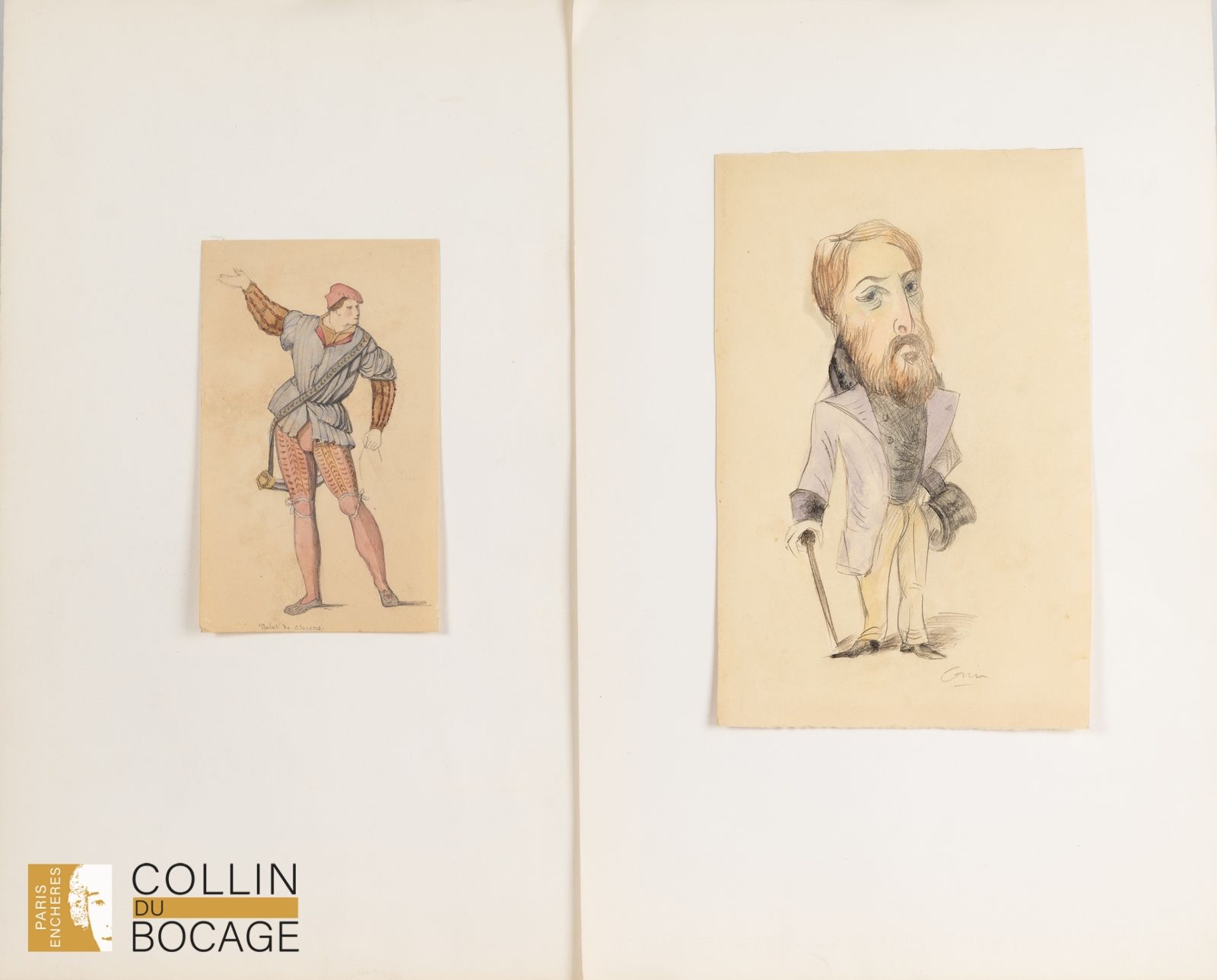 Null 手持拐杖和帽子的男子漫画
铅笔和水彩
右下方有签名
29 x 19 厘米

附有一幅 "狗侍从 "研究作品，石墨和水彩，19.5 x 12 厘米