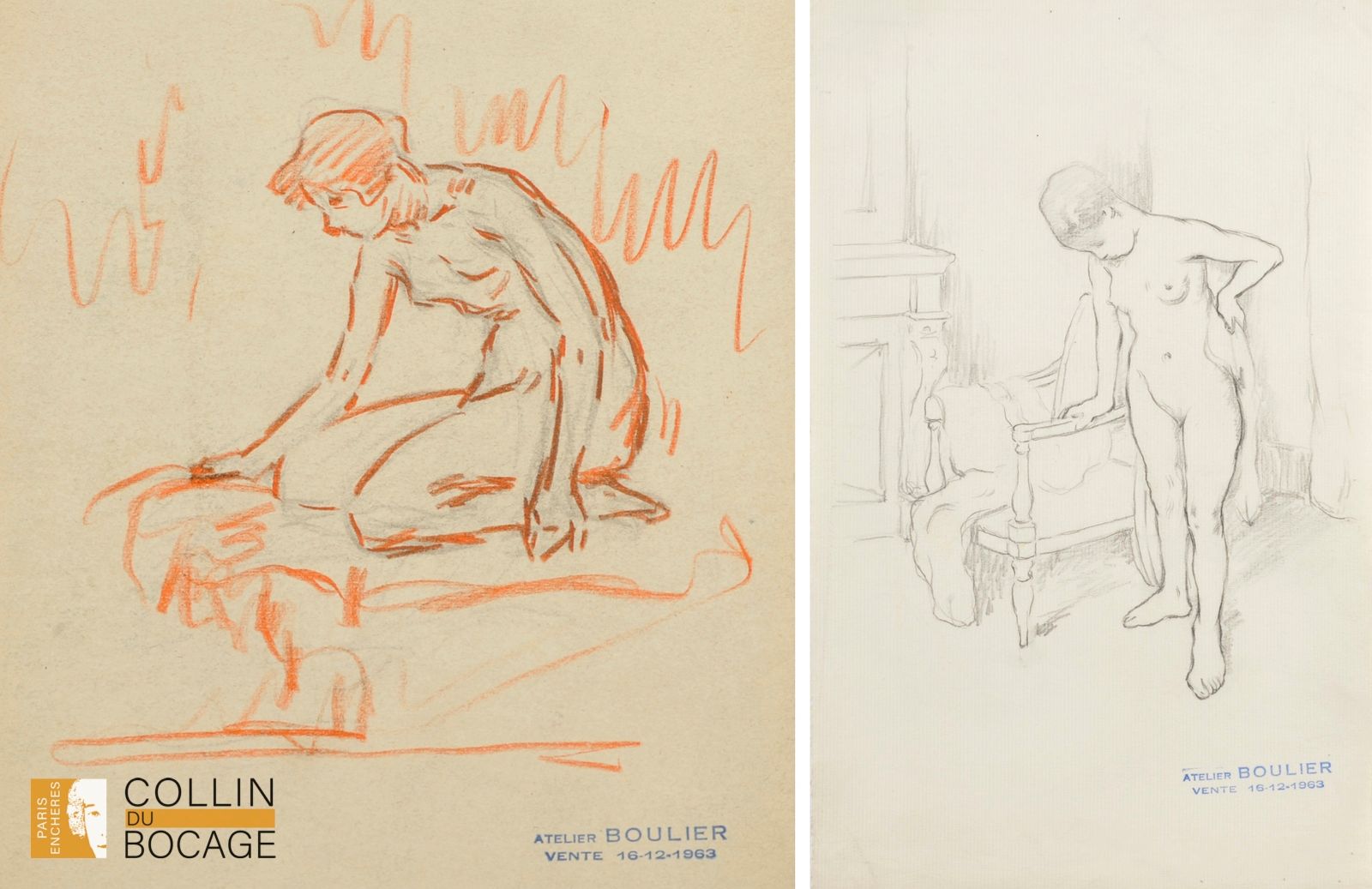 Null 吕西安-布利埃（1882-1963 年）

跪着的裸体女人 
卡片上的炭笔和红铅笔
工作室销售印章
24 x 21 厘米
折叠

拿毛巾的裸女 
纸上&hellip;