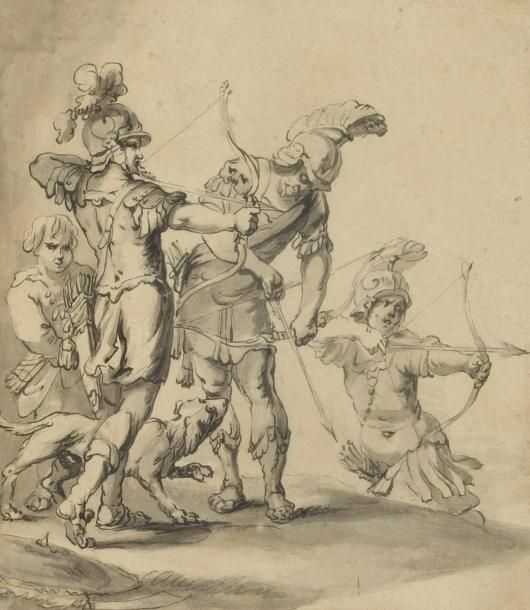 Ecole Italienne du XVIIIe siècle Archers tendant leurs arcs - Plume et lavis gri&hellip;
