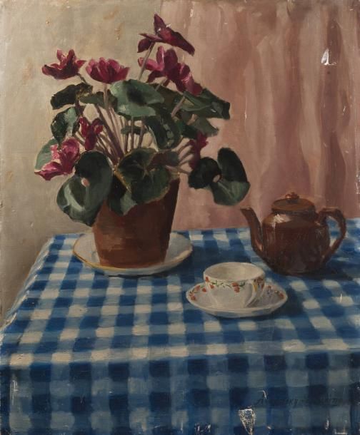 Tatiana ALEXINSKY-LOUKINA (XXe siècle) Nature morte au pot de fleurs, tasse et t&hellip;