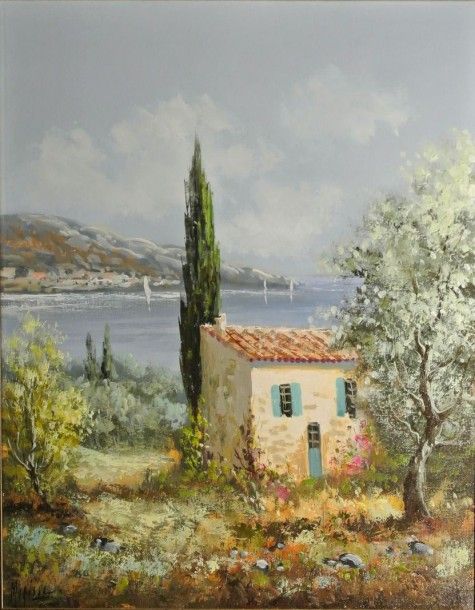 Null Paysage du midi, maison provençale au bord de la mer. Peinture sur toile, s&hellip;