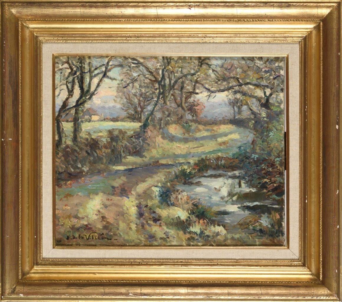 Emmanuel de la VILLÉON (1858-1944) 埃马纽埃尔-德拉维昂(1858-1944)

水院前的农场

布面油画，左下角有签名

3&hellip;