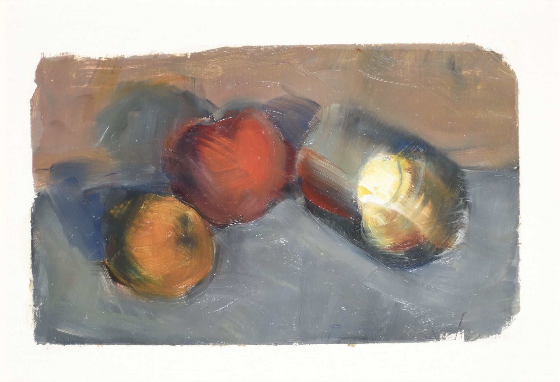 Armando MORALES (1927-2011) 阿曼多-莫拉莱斯(1927-2011)

两个苹果和一个盒子》，1983年

布面油画，右下方有签名和日&hellip;