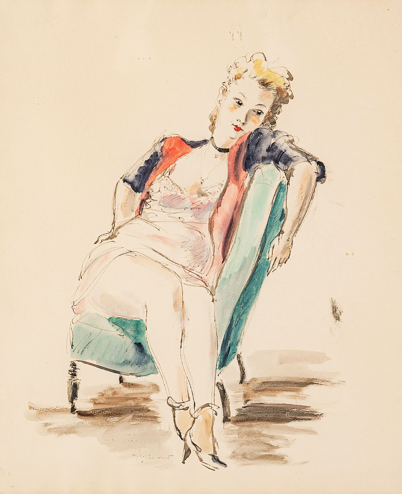 André DIGNIMONT (1891-1965) 安德烈-杜维蒙(1891-1965)

坐着的女人

纸上水彩画，左下角签名

57 x 47 厘米
