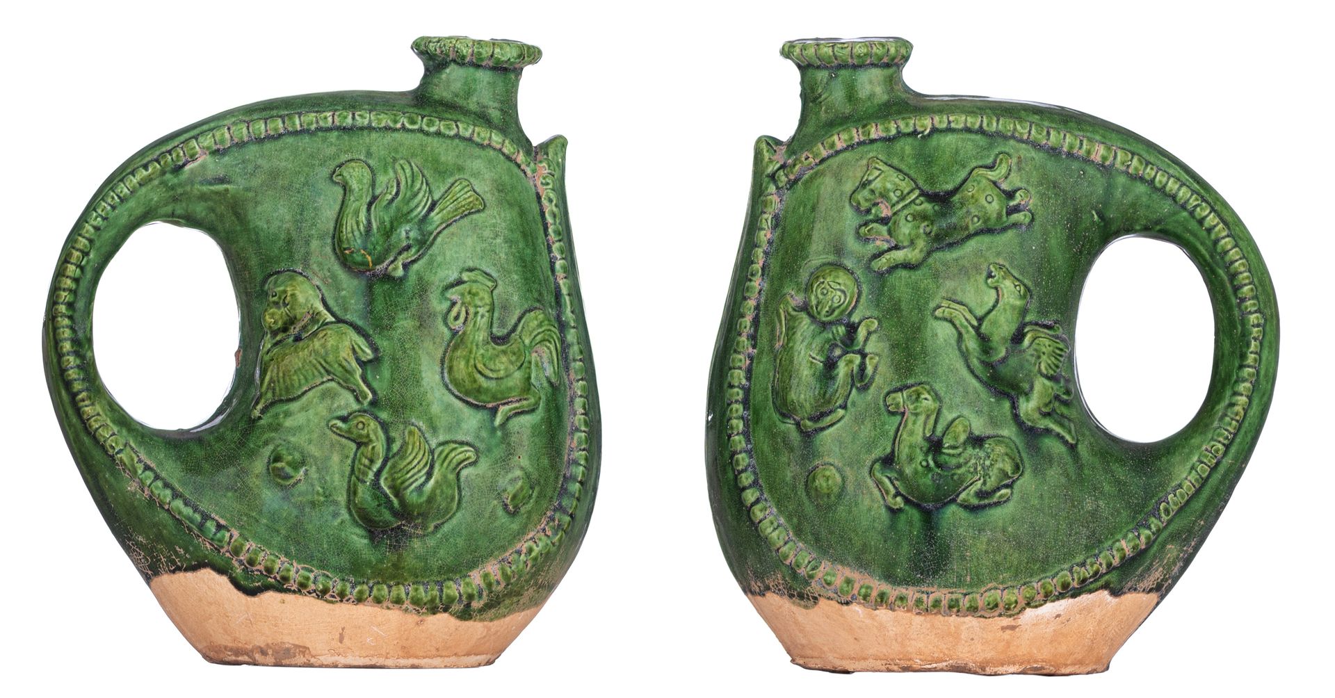 Null Two Chinese green-glazed pottery flasks, moulded with archaic mythical anim&hellip;