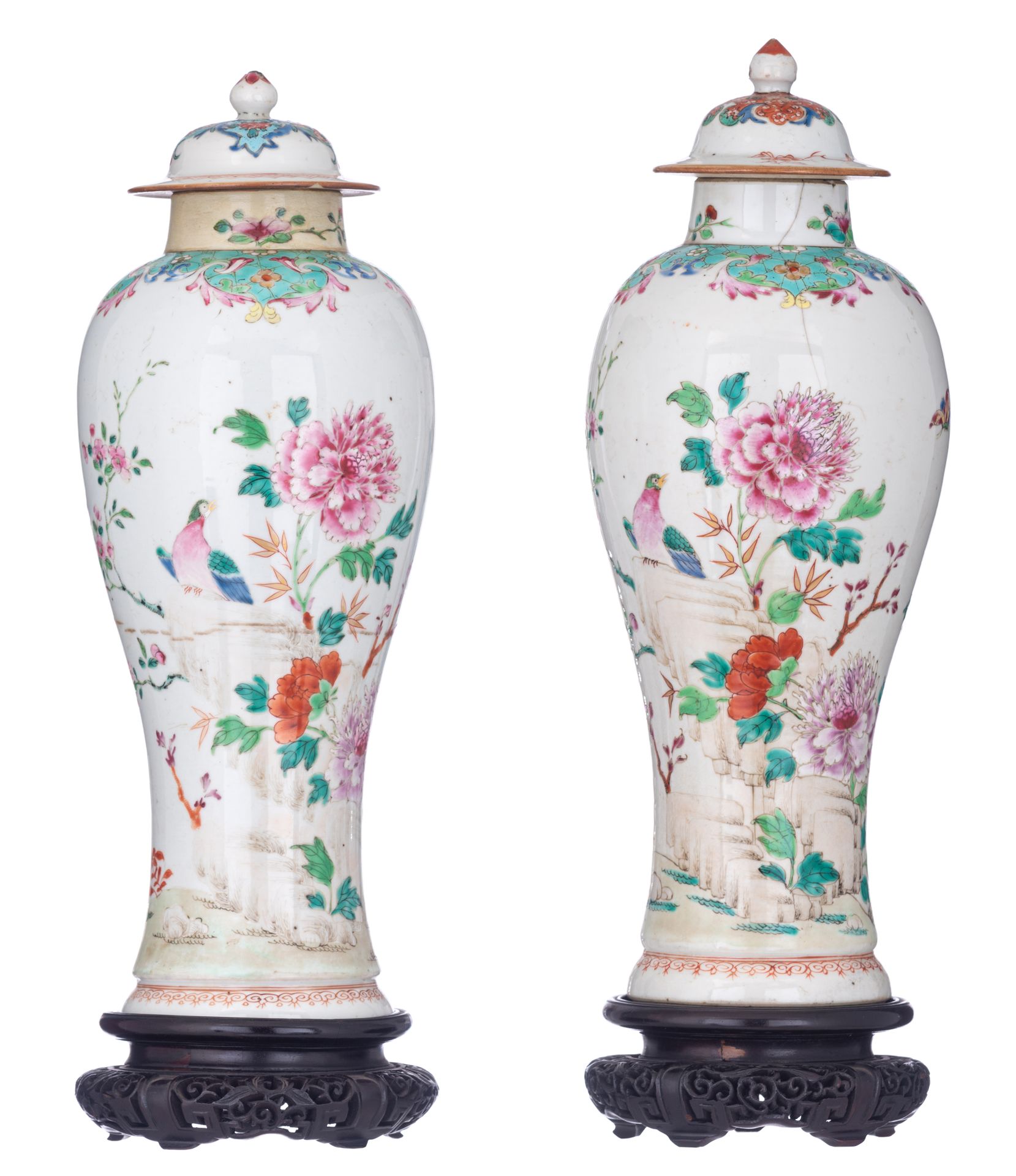 Two Chinese famille rose baluster vases and covers, Qianlong period, H 39 - 40 c&hellip;
