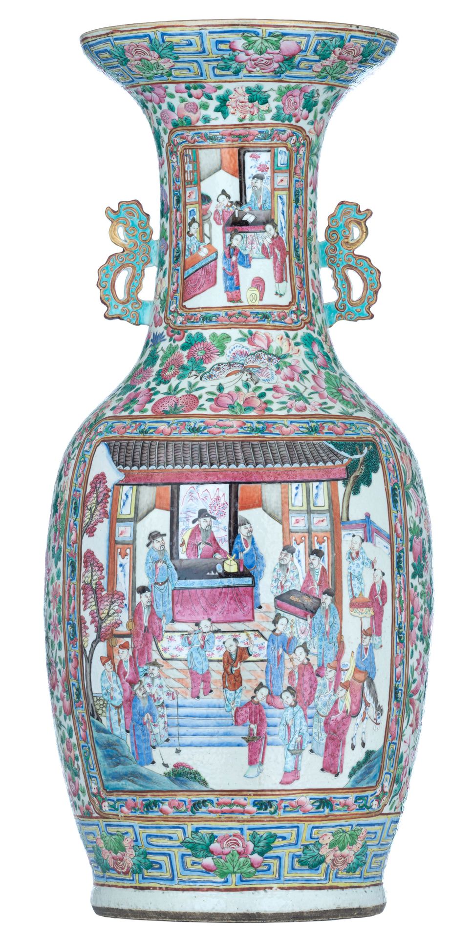 An imposing Chinese Canton famille rose vase, paired with handles in the shape o&hellip;
