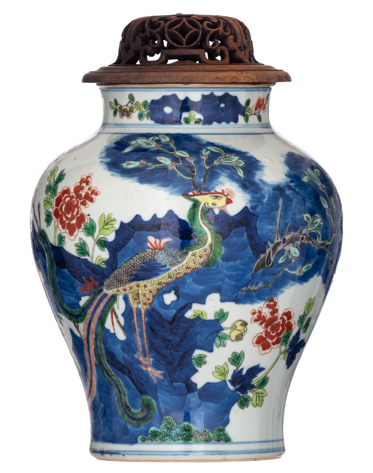 A fine Chinese wucai 'Phoenix' jar, with a Wanli mark, 19thC, H 27,5 cm (jar onl&hellip;