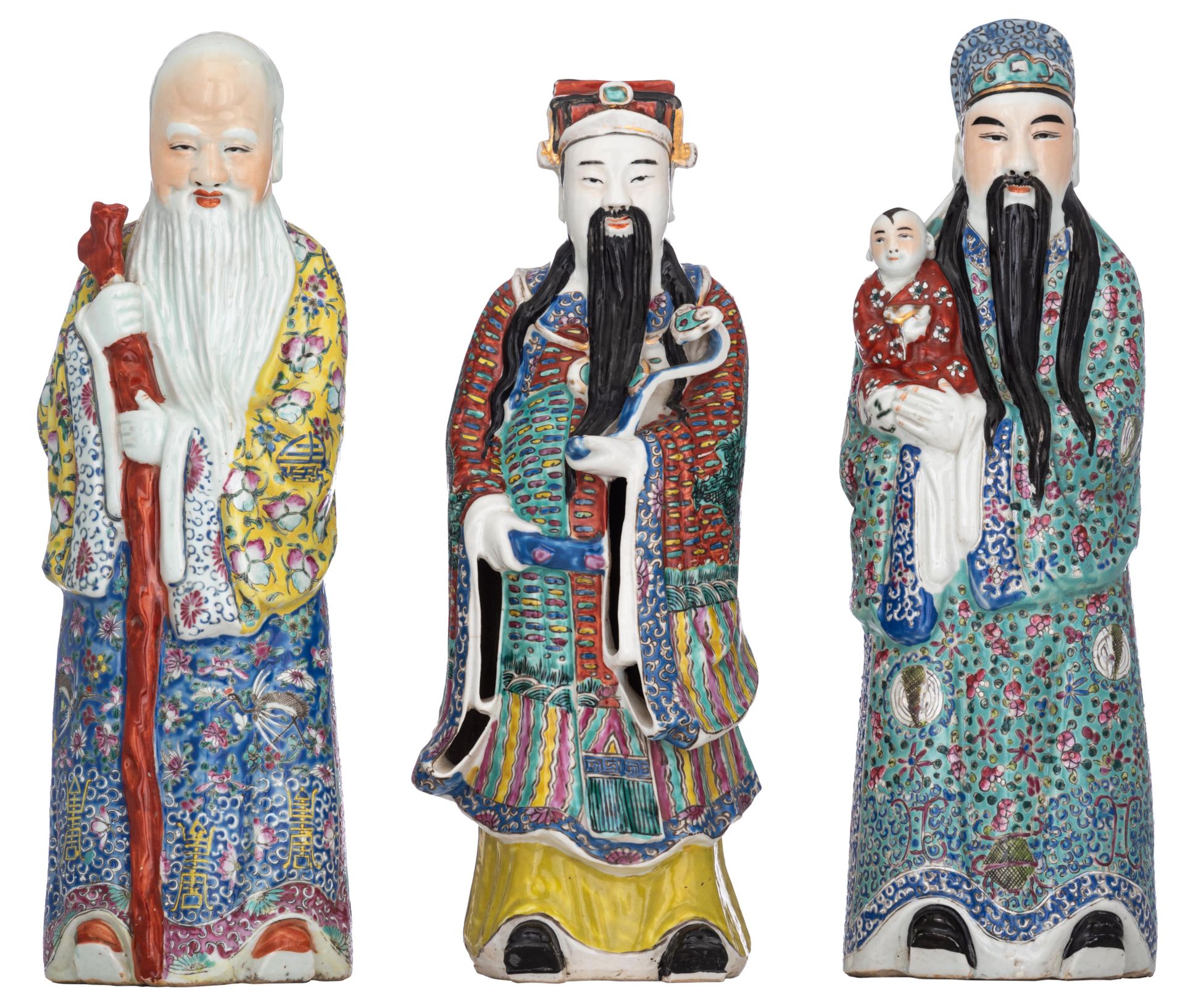 Three Chinese famille rose 'Sanxing' figures, 20thC, H 46 cm Three Chinese famil&hellip;