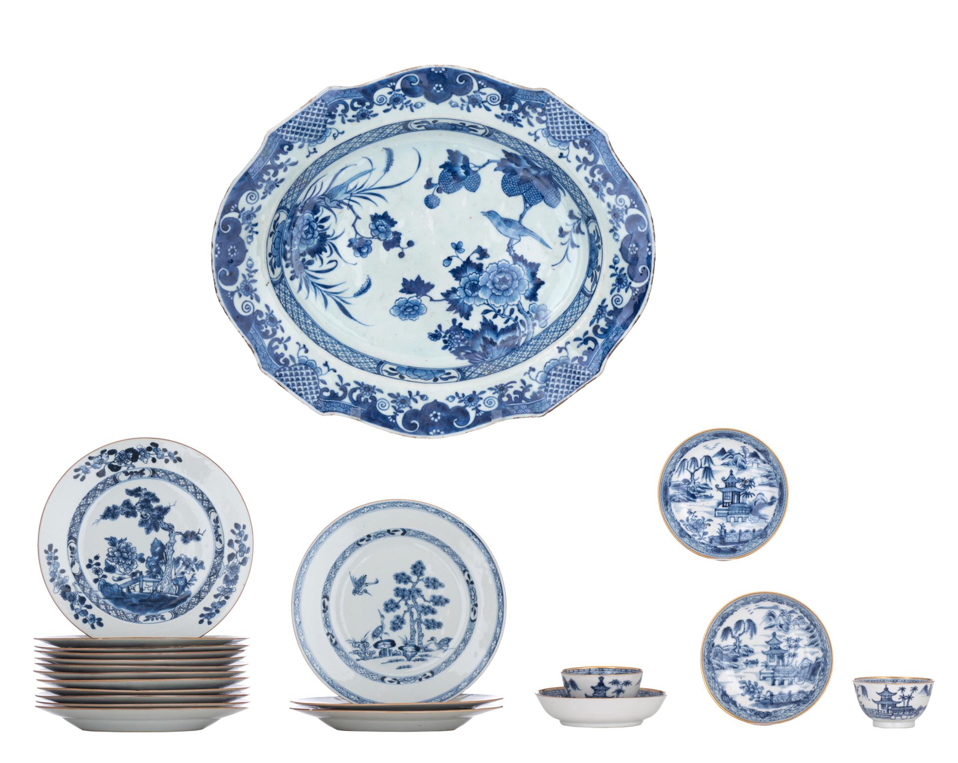 A collection of Chinese blue and white export porcelain plates, tea bowls and sa&hellip;