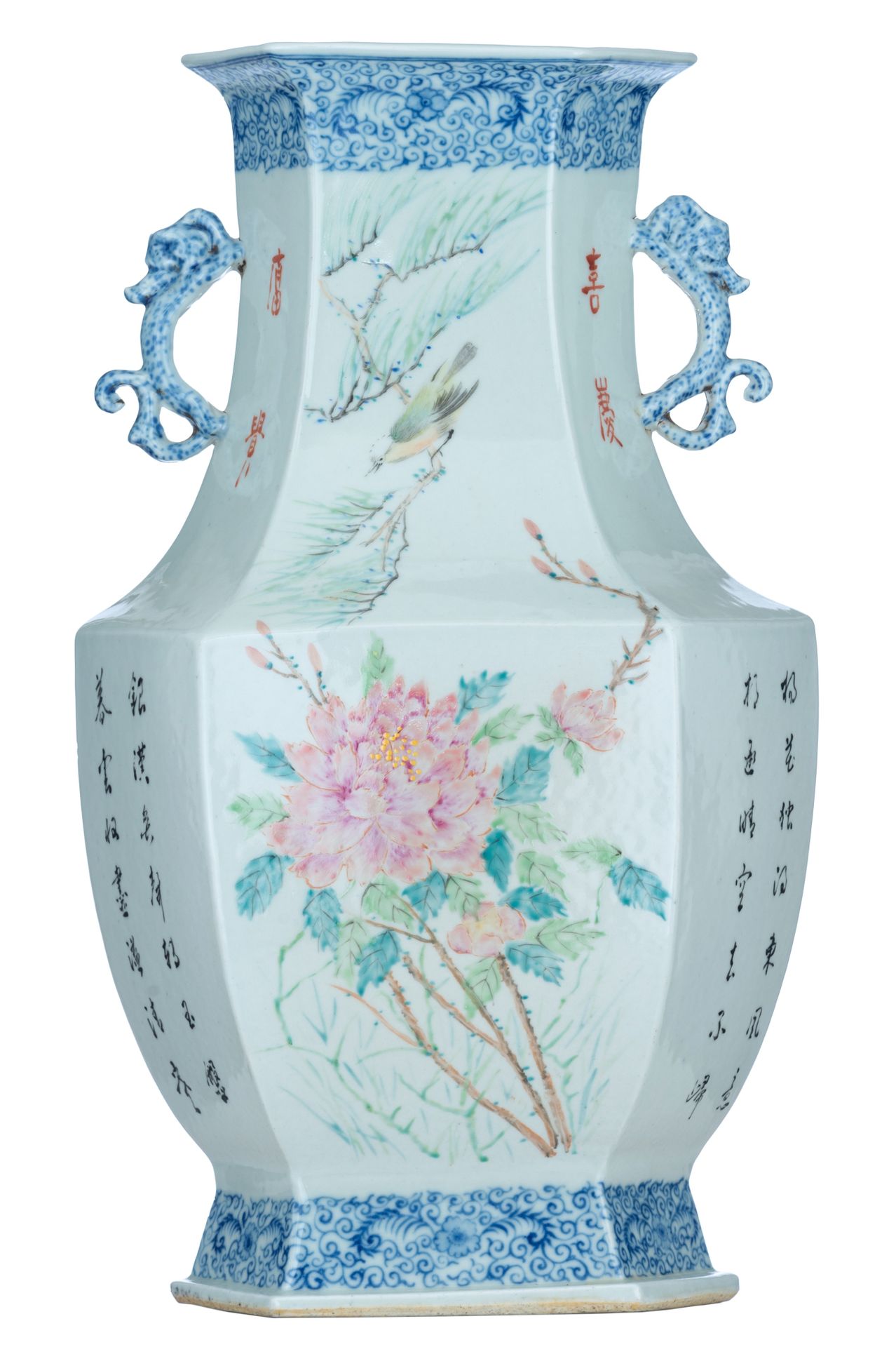 A Chinese Qianjiangcai hexagonal hu vase, with signed texts, paired with dragon &hellip;