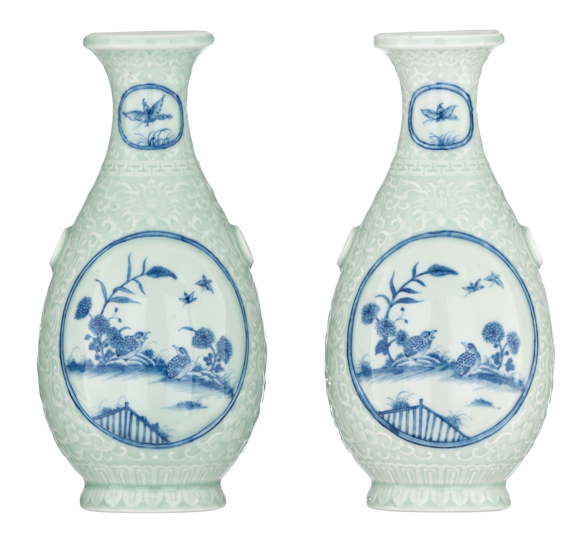 Two nearly identical celadon ground 'Quails' wall vases, with a Daoguang mark, R&hellip;