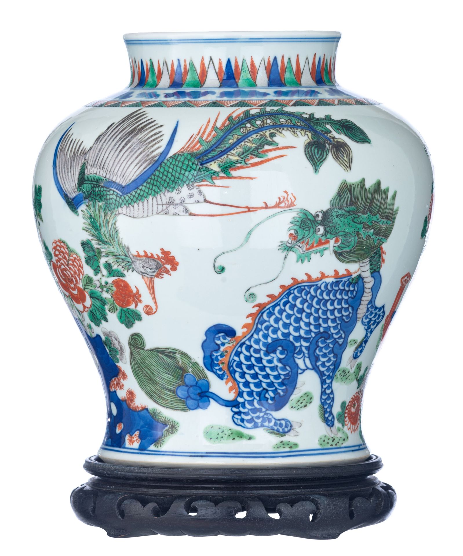 A Chinese 'Phoenix and Kilin' wucai jar, H 25,5 cm A Chinese 'Phoenix and Kilin'&hellip;