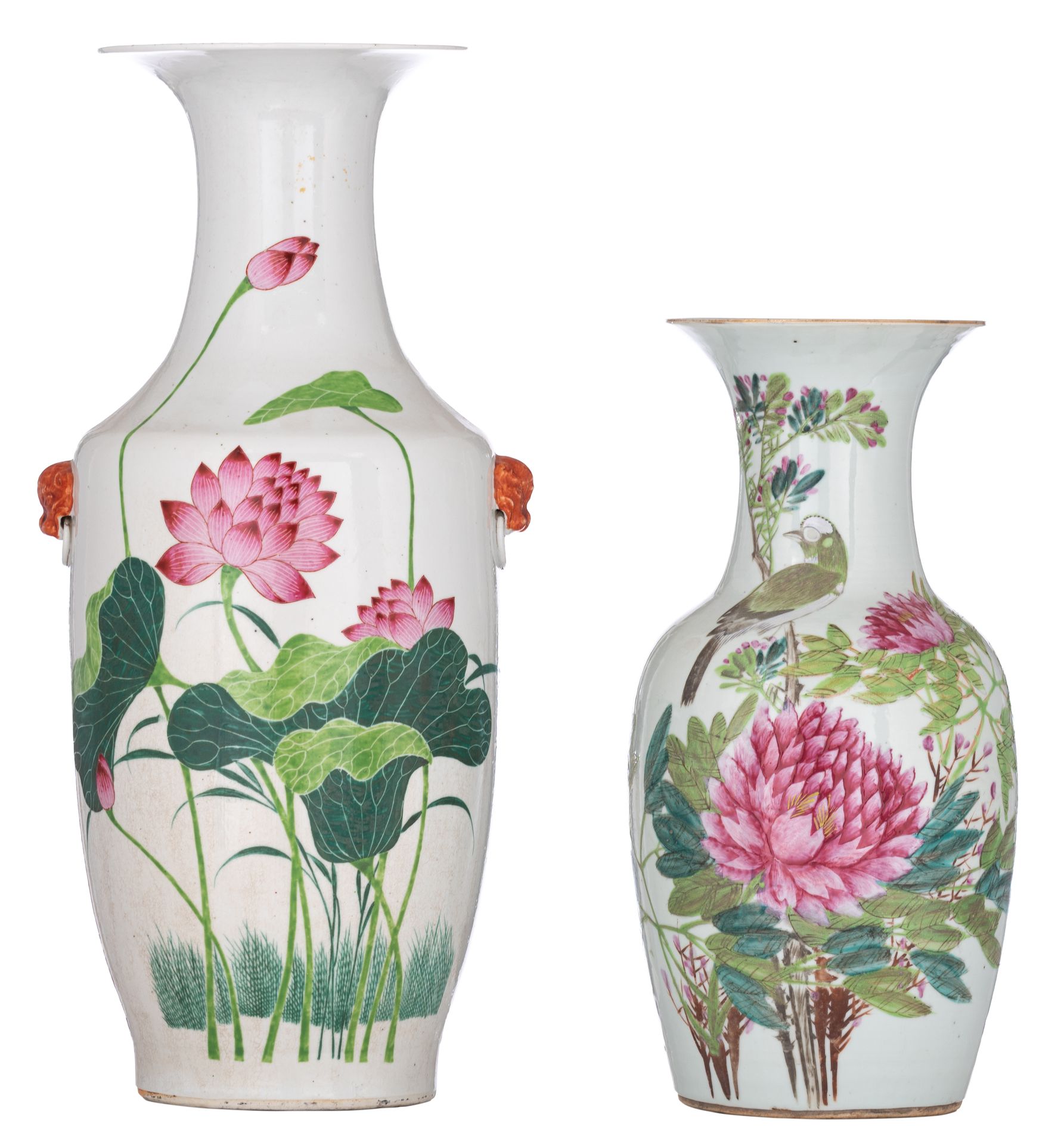 Two Chinese famille rose 'birds and flowers' vases, one paired with Fu lion hand&hellip;