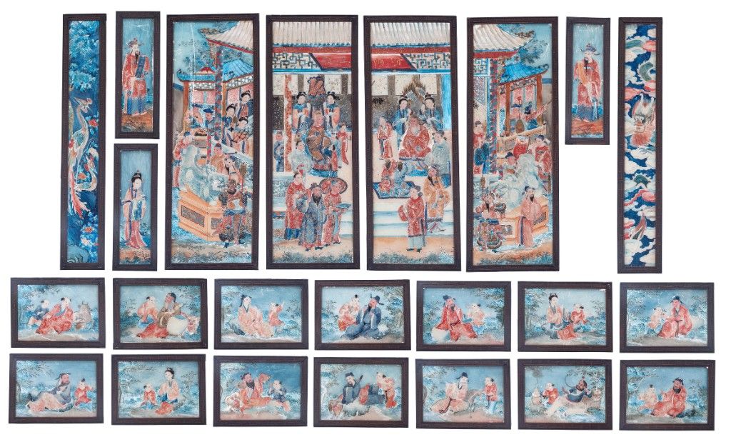 A Chinese Canton twenty-three-piece reversed glass painting set, late Qing dynas&hellip;