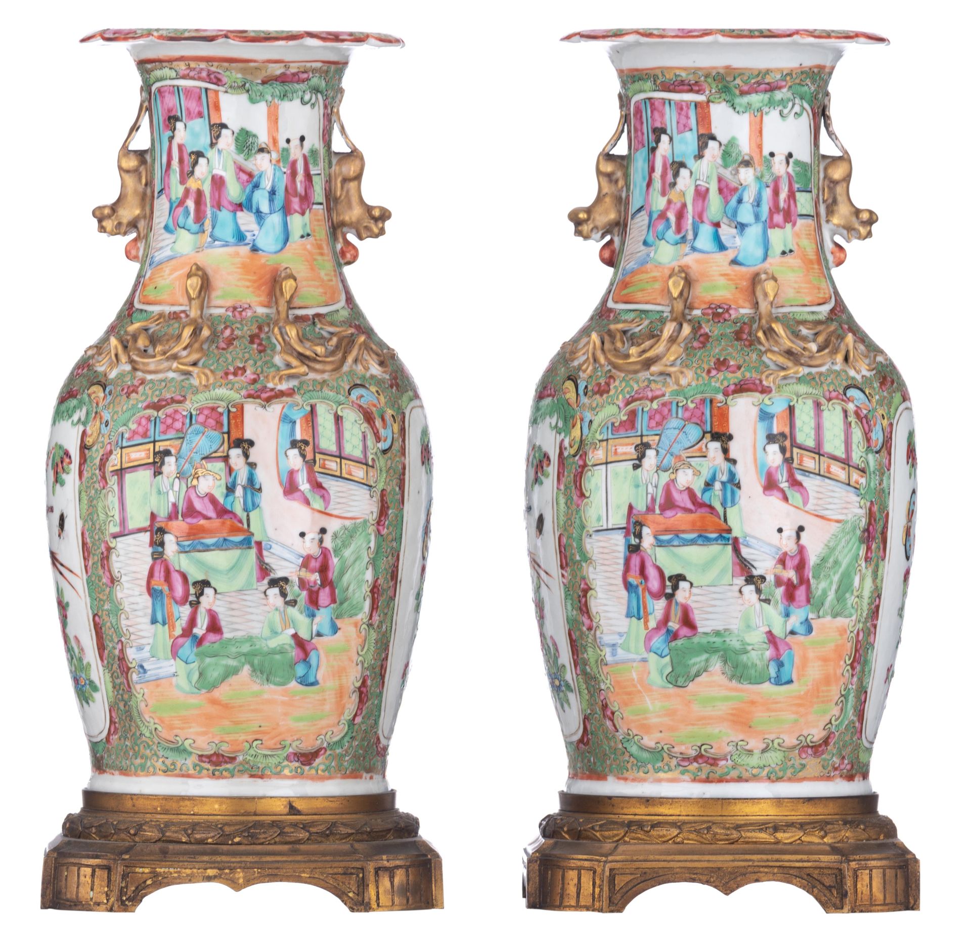 A pair of Chinese Canton vases, with fixed gilt bronze bottom mounts, 19thC, tot&hellip;