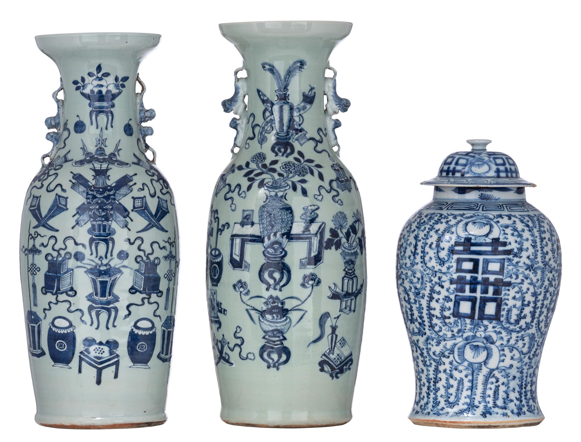 A pair of Chinese blue and white on celadon vases, 19thC, H 58,5 cm; added a blu&hellip;