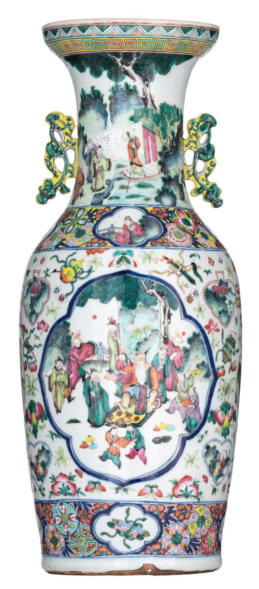 A Chinese famille rose vase, paired with lingzhi handles, 19thC, H 60 cm A Chine&hellip;
