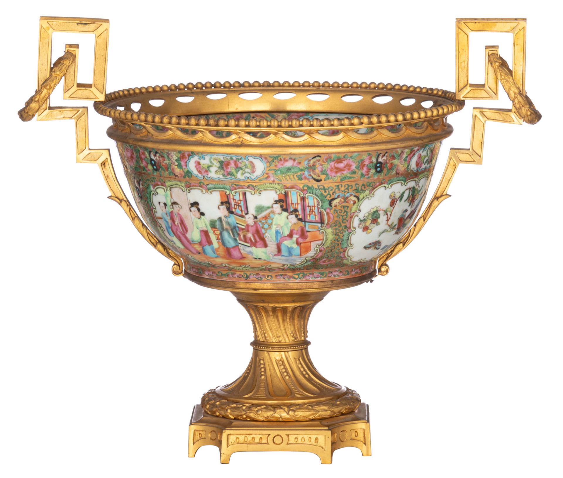 A Chinese Canton famille rose punch bowl, with gilt bronze mounts, 19thC, Total &hellip;