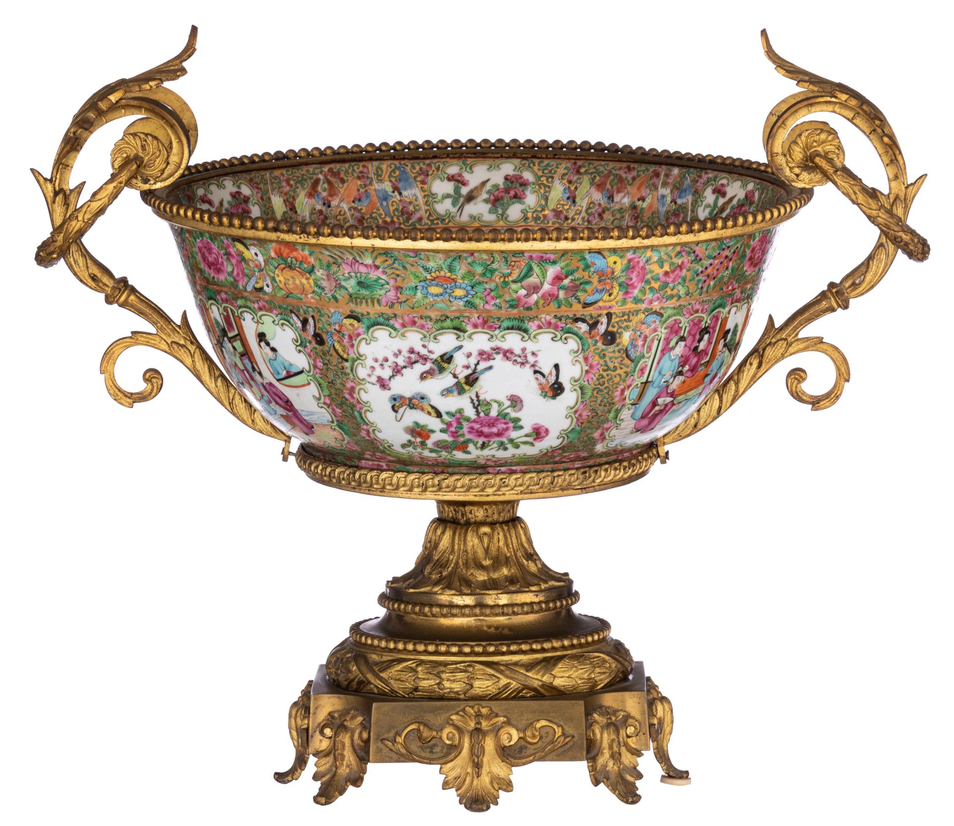 A Chinese Canton famille rose punch bowl, with gilt bronze mounts, 19thC, H 41 c&hellip;