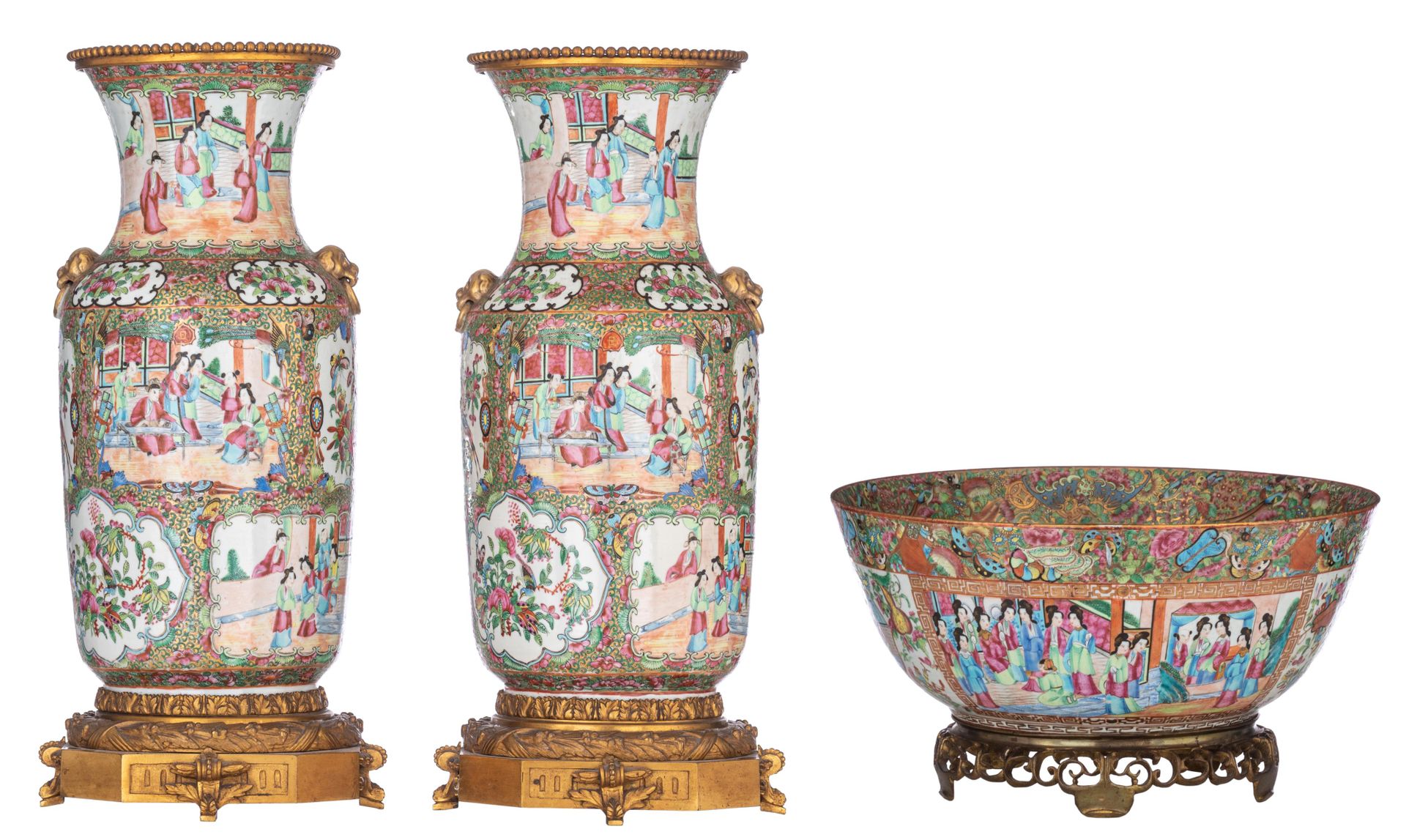 Two Chinese Canton famille rose mounted vases and a ditto punch bowl, 19thC, H 5&hellip;