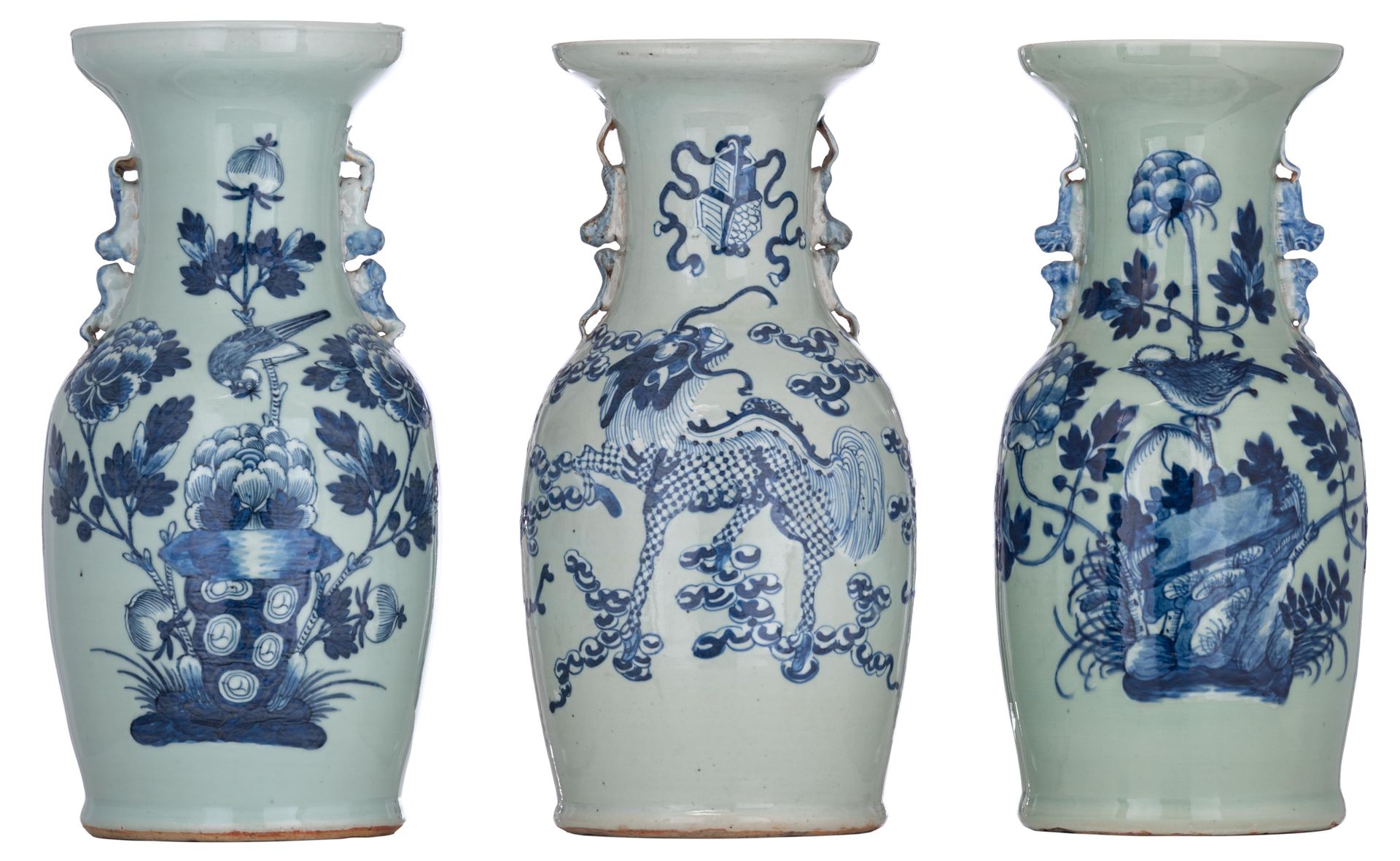 Three Chinese blue and white on celadon ground vases, 19thC, H 42 - 43 cm Three &hellip;