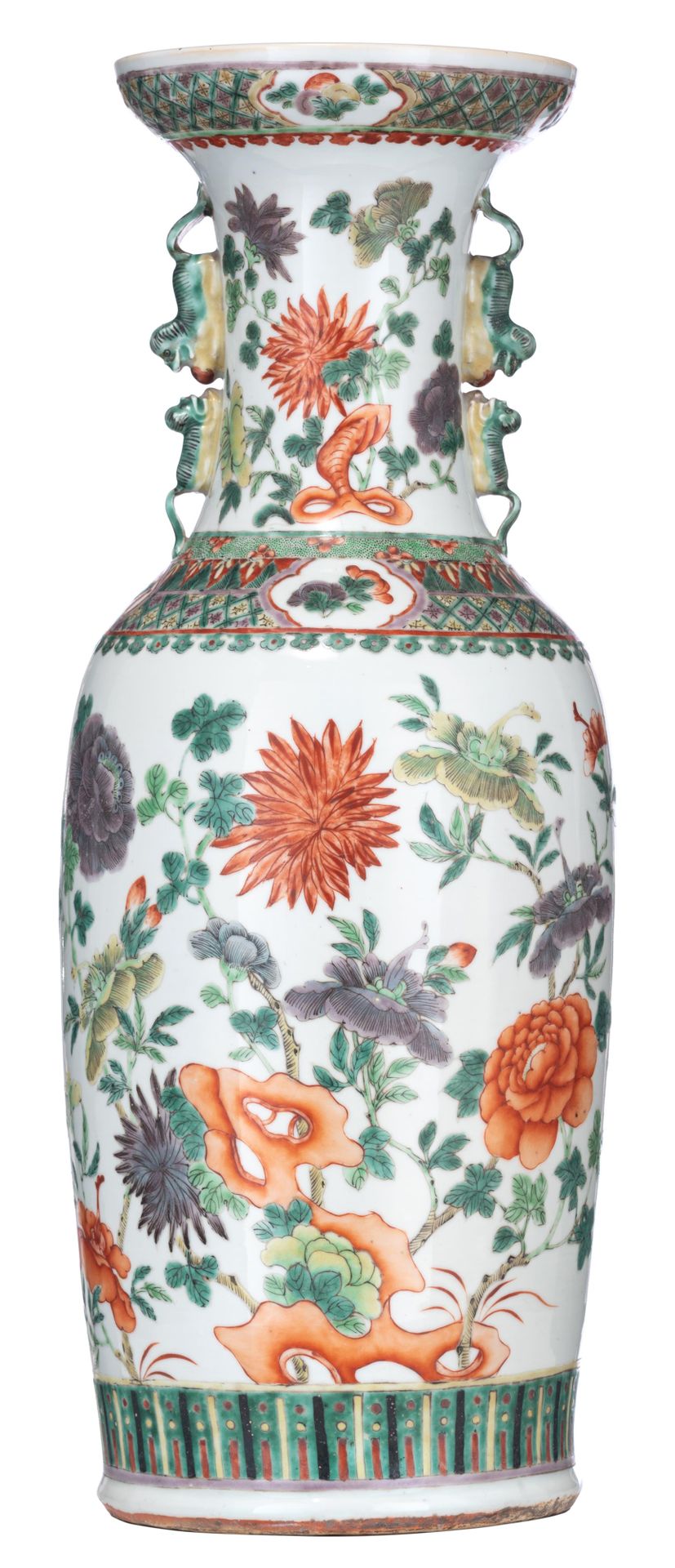A Chinese famille verte vase, paired with Fu lion handles, 19thC, H 61 cm A Chin&hellip;