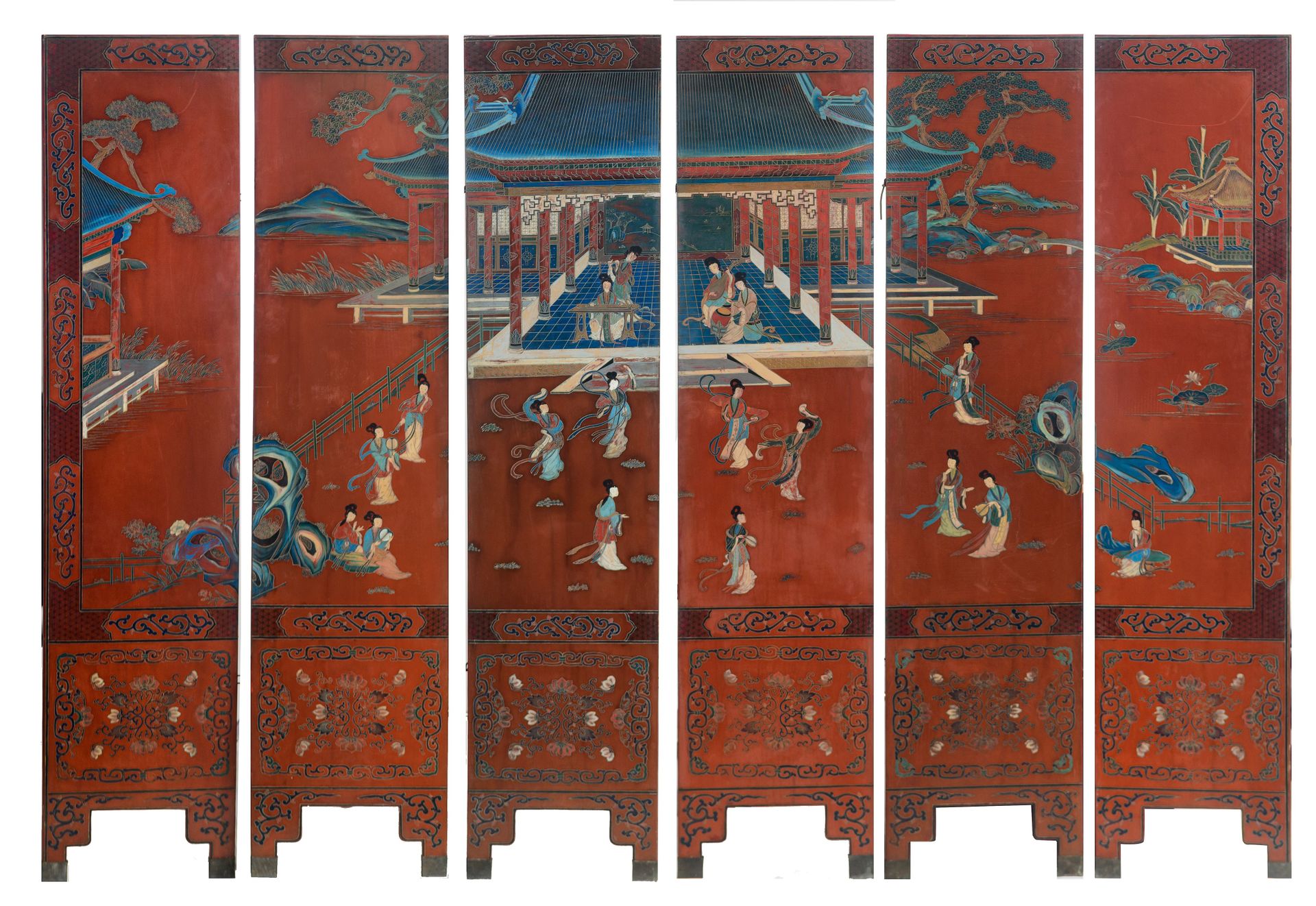 A Chinese six-fold lacquered chamber screen, late 19thC/20thC, Dimensions of one&hellip;