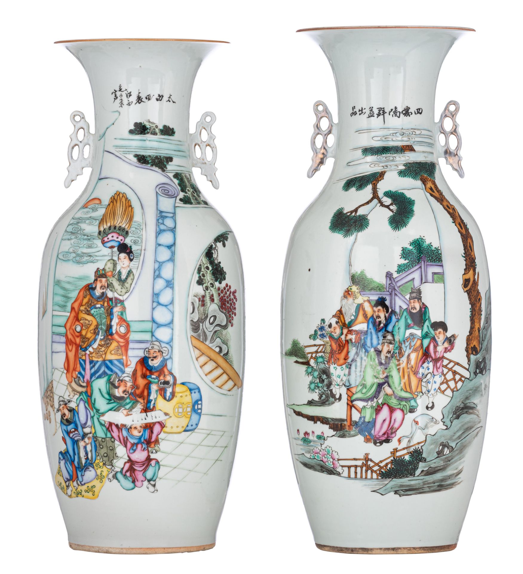 Two Chinese famille rose 'Xin Fengcai' vases, both with signed texts, Republic P&hellip;