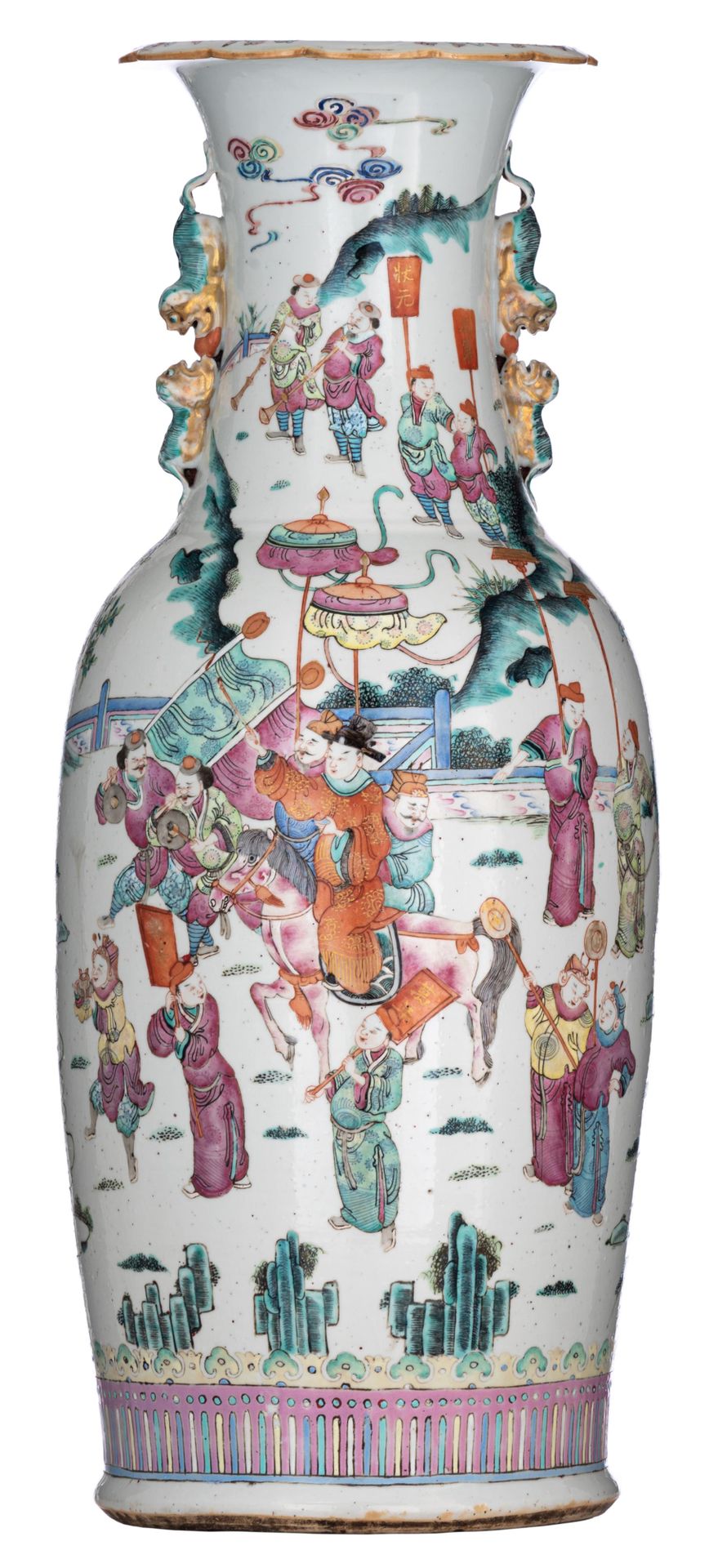 A Chinese famille rose vase, paired with Fu lion handles, 19thC, H 60,5 cm A Chi&hellip;