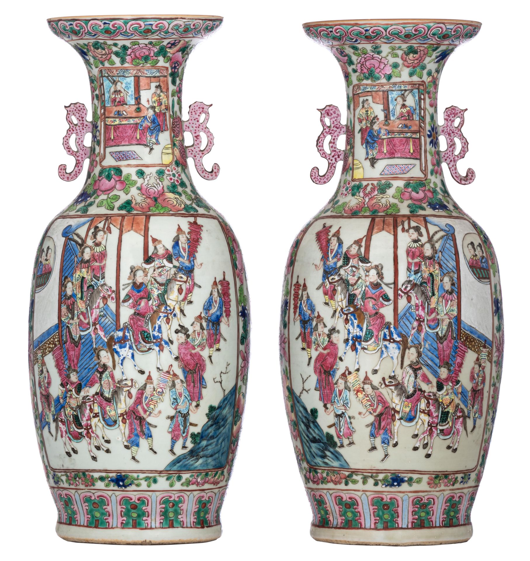 A pair of Chinese famille rose 'General Yang and Mu Guiying' vases, 19thC, H 62,&hellip;