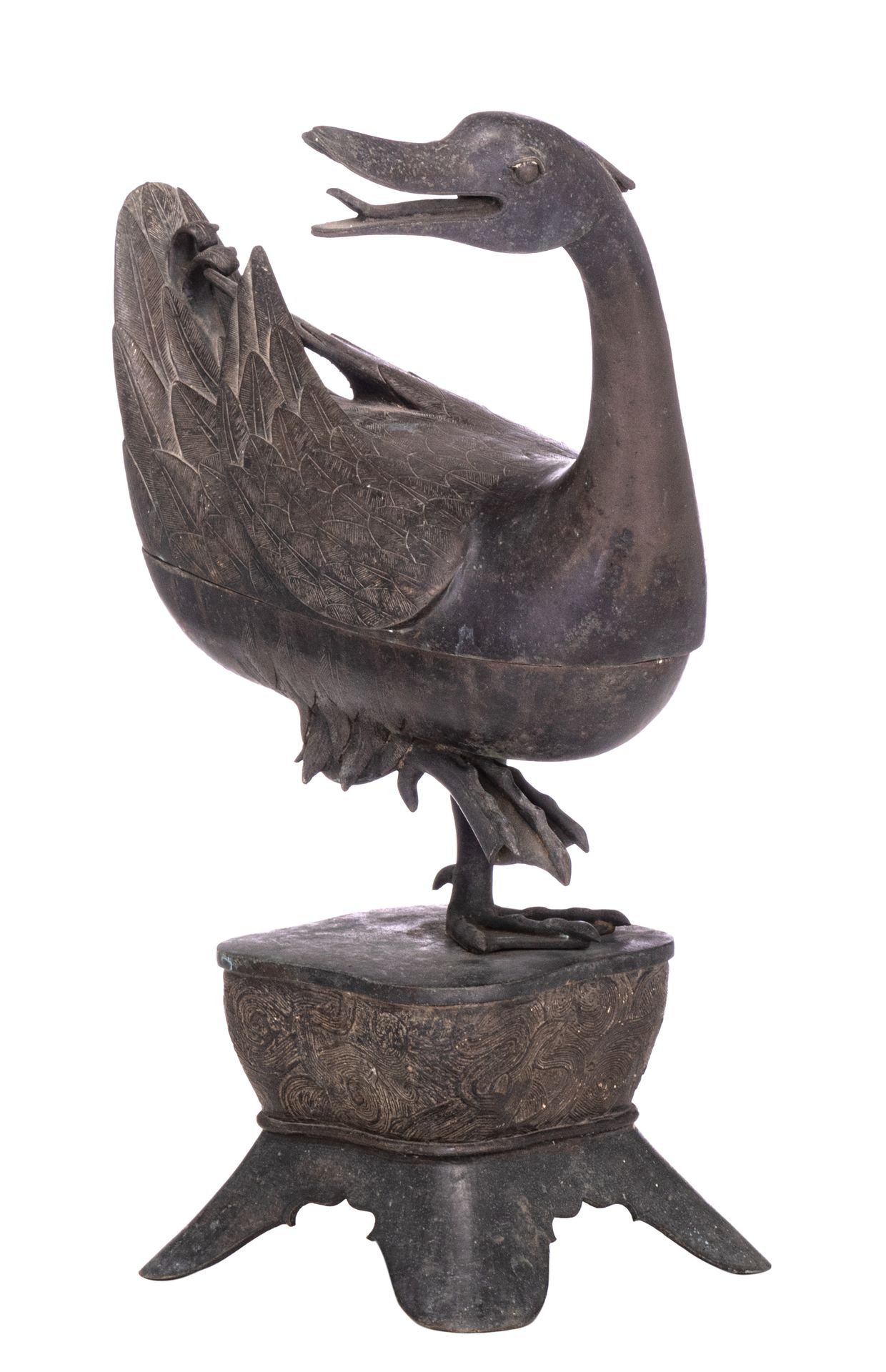 A Chinese bronze duck-form censer and cover, H 38 - 28 cm A Chinese bronze duck-&hellip;
