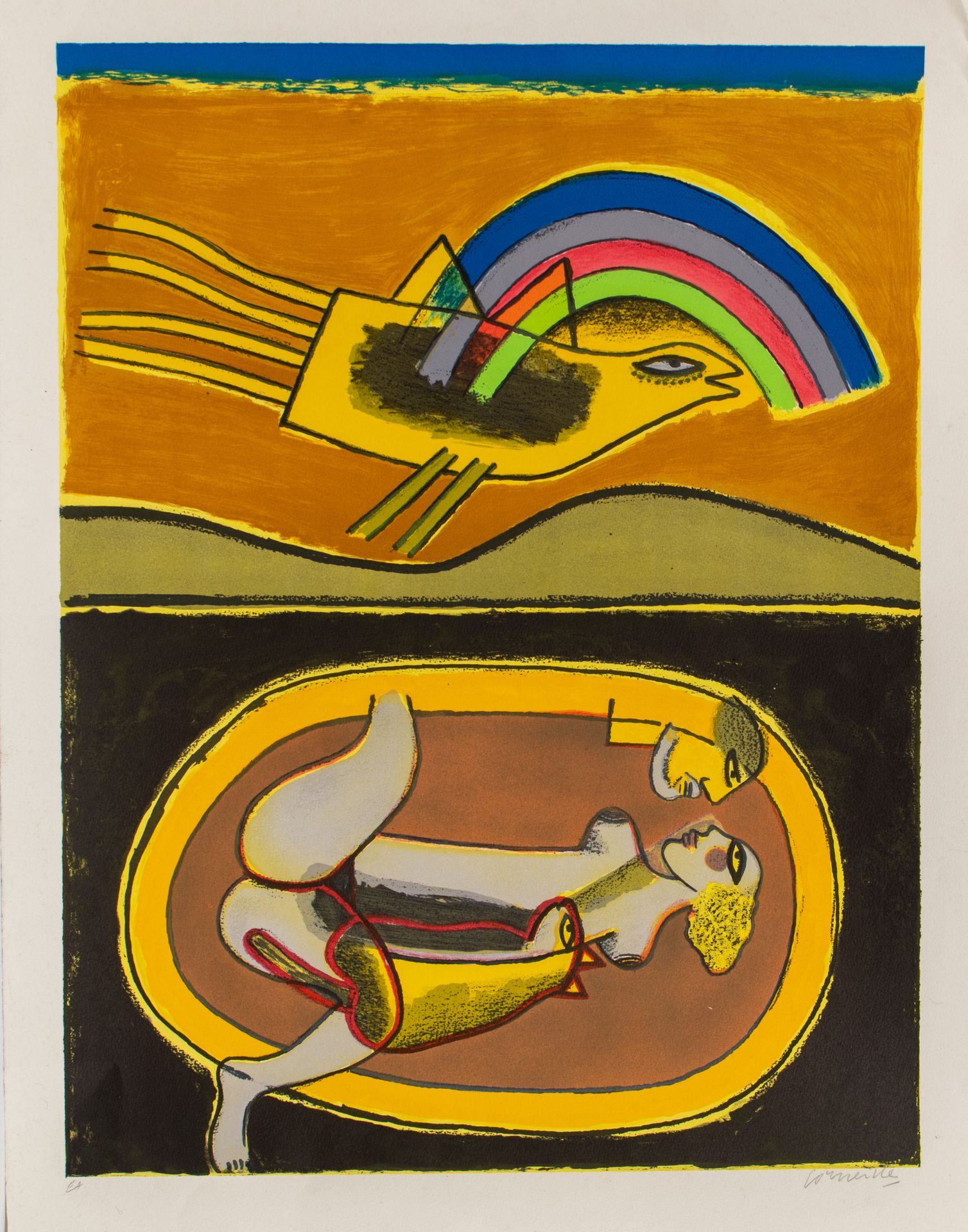 Corneille (1922-2010), Bird and woman under the rainbow, colour lithograph, Arti&hellip;